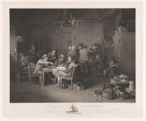 Interior con hombres discutiendo alrededor de una mesa Village Politicians (título sobre el objeto) de Abraham Raimbach