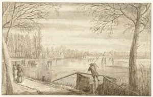 Patinadores en el río Vecht, cerca de Maarssen, con los estados de Daelwijck y Vechthoven en la distancia de Abraham Rutgers