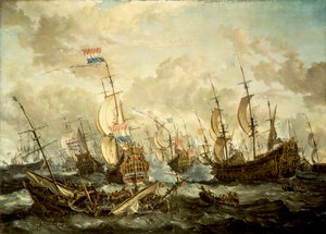 El HMS "Royal Prince" y otros buques en la Batalla de los Cuatro Días de Abraham Storck