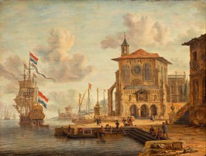 Escena portuaria con edificio medieval