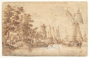 Paisaje del Rin con castillo y barcos de Abraham Storck