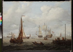 Paisaje marino con un barco de guerra holandés, antes de 1708 de Abraham Storck