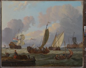 Barcos pasando por un molino de viento, c.1690 (óleo sobre lienzo) de Abraham Storck