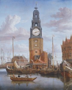 Vista de la Torre Haringspacker en Ámsterdam, con una esfera de reloj funcionando integrada en la pintura, 1684