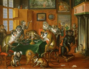 Tabakskollegium von Affen -Fiesta de los monos ... (óleo sobre cobre)