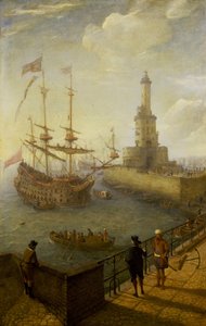 Un barco español de tres mástiles fondeado frente a la costa de Nápoles (Italia), visto desde un muelle pavimentado de la ciudad, hacia el faro y los edificios del puerto mediterráneo. de Abraham Willaerts