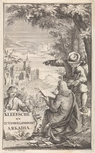 Viajero dibuja la ciudad de Kleve Página de título para: C. Bruin, Kleefsche y Zuid-Hollandsche Arkadia (...), 1730 de Abraham Zeeman