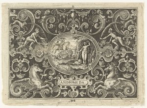 Cartouche: Perseo libera a Andrómeda Cartuchos ovalados con escenas de la vida de Perseo en el marco de grutescos (título de la serie) Andrómeda (título sobre objeto) de Abraham de Bruyn