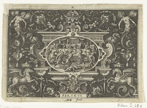 Cartouche: Phineus interrumpe la boda de Perseo y Andrómeda PERSEO (título sobre objeto) Cartuchos ovalados con escenas de la vida de Perseo en el marco de grutescos (título de la serie) de Abraham de Bruyn