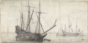 Barcos de vela en aguas tranquilas cerca de la costa de Abraham de Verwer (possibly)