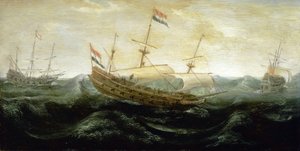 Barco holandés navegando en un mar muy turbulento, con las velas reducidas, en el que el viento arrecia. Óleo sobre cobre, hacia 1625, de Abraham de Verwer (hacia 1585-1650).