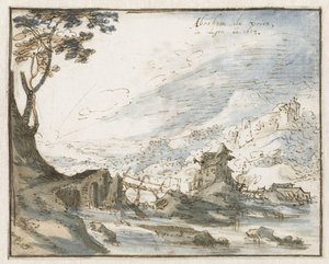 Paisaje montañoso con un puente de madera de Abraham de Vries