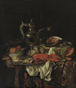 Holandés: Bodegón con jarra de plata que refleja el retrato del artista, fruta, langosta y asado Bodegón con jarra de plata