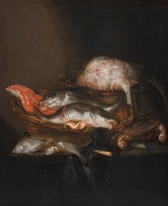 Holandés: Visstilleven Bodegón con una raya sobre un barril, un filete de salmón, una lucioperca y un carbonero en una cesta, con platijas, un cuchillo y un cangrejo sobre una mesa drapeada