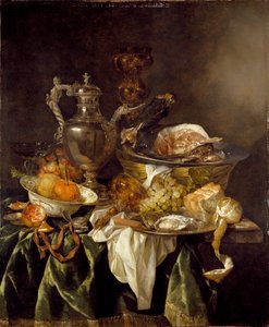 Naturaleza muerta con una jarra de vino de plata y un retrato reflejado del artista, c. 1657 de Abraham van Beyeren
