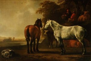 Caballos y ganado en un paisaje