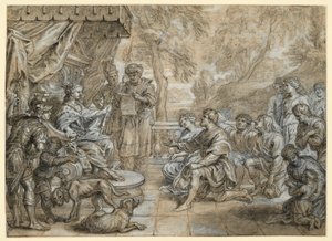 Una reina con manto de armiño y cetro (¿Semíramis?) en un trono, ante ella se arrodilla un grupo de hombres y mujeres de Abraham van Diepenbeeck
