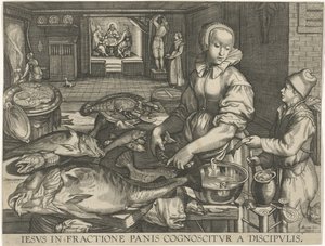 Keukenstuk conoció a vrouw die wis schoonmacht Jesús es reconocido por los discípulos al partir el pan (título sobre el objeto) de Abraham van Lier