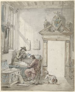 Escena interior con un hombre que escribe en un escritorio. de Abraham van Strij (I)