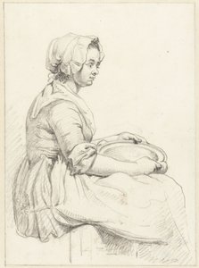 Mujer sentada con un platillo en su regazo, a la derecha de Abraham van Strij (I)