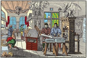 Interior de una fábrica de impresión en Núremberg, Alemania: trabajadores en acción, principios del siglo XVII - grabado por Abraham van Werdt de Abraham van Werdt