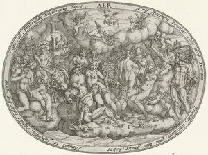 Dioses olímpicos entre las nubes: el elemento aire Aer (título sobre el objeto) Los cuatro elementos (título de la serie) de Abraham van den Hecken