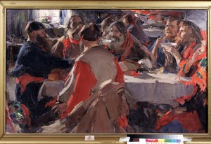 Hora del té (beber té). Pintura de Abram Yefimovich Arkhipov (1862-1930). Óleo sobre lienzo, 79 x 31 cm. Arte ruso, finales del siglo XIX y principios del XX. Galería de Arte Estatal B. Kustodiev, Astrakhan (Rusia).