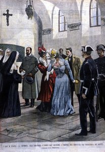 En Madrid, una joven, Mademoiselle Ubao, es arrancada de la vida religiosa en un convento donde se encontraba por sugerencia de los Jesuitas. Ilustración de Beltrame. La Domenica del corriere. 1901 de Achille Beltrame
