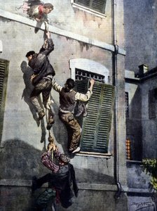 Una audaz fuga de cuatro reclusos de la prisión de Asti tras romper el muro. Dibujo de Beltrame. La Domenica del Corriere. 1902 de Achille Beltrame