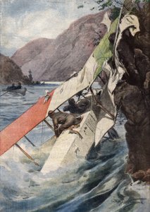 Un vuelo de reconocimiento dramático: después de una pelea, sin motor ni hélice, dos aviadores lograron sorprendentemente llegar a las líneas italianas y cayeron en el río Isonzo. Ilustración de Beltrame. La Domenica del Corriere. 10/1917 de Achille Beltrame