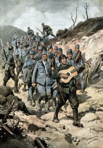 Un héroe feliz. Después de capturar a cuarenta austriacos y una guitarra en una cueva, el soldado Buoncompagni marchó al frente del grupo de prisioneros cantando. Ilustración de Beltrame. La Domenica del Corriere. 10/1917 de Achille Beltrame