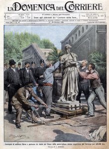Una estatua comprada por el gobierno por 450 mil liras es llevada a Roma y entregada al Ministro Rava. Ilustración de Beltrame. La Domenica del Corriere. 10/1909.