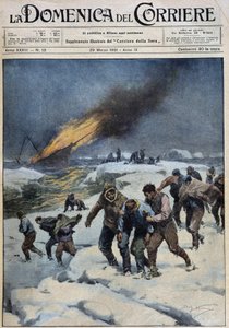 Después de la explosión del ballenero “Viking”, la trágica marcha de la tripulación en busca de rescate: este barco (al fondo en llamas) llevaba una expedición cinematográfica - dib. por A. Beltrame en “la Domenica del Corriere” del 29/03/1931 de Achille Beltrame