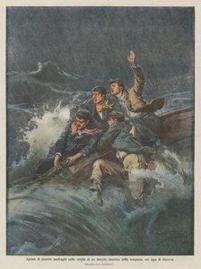 Agonía de cuatro náufragos en la quilla de un barco golpeado por la tormenta, en el lago de Ginebra de Achille Beltrame