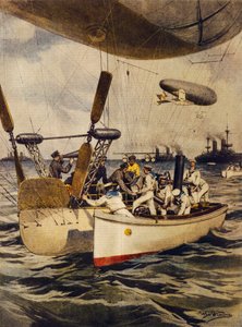 Dirigibles reabasteciendo acorazados durante su viaje, por Achille Beltrame, ilustración, de La Domenica del Corriere, 5 de mayo de 1910 de Achille Beltrame