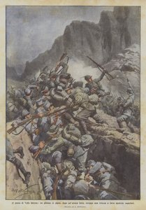 En el paso de Valle Inferno, un pelotón de alpinos, tras una heroica lucha, arrebata una trinchera de Achille Beltrame