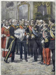 Alfonso XIII (1886-1941), Rey de España en la ceremonia de presentación de su hijo Alfonso (1907-1938), Conde de Covadonga, Príncipe de Asturias. Dibujo de Achille Beltrame. de 1907 de Achille Beltrame