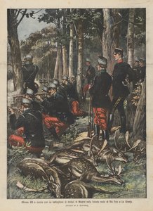 Alfonso XIII de caza con un batallón de soldados de Madrid en el bosque real de Riofrío en La Granja
