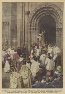 En presencia del Cardenal Legado y de las representaciones de la Orden de los Benedictinos de todo... de Achille Beltrame