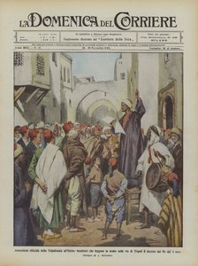 Anexión oficial de Tripolitania a Italia, pregoneros que leen en árabe en las calles de Achille Beltrame