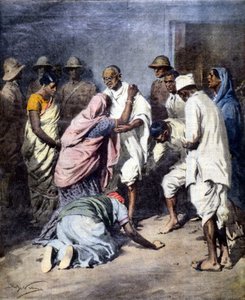Arresto de Mahatma Gandhi (1869 - 1948). Ilustración de Achille Beltrame. La Domenica del Corriere. 1932 de Achille Beltrame