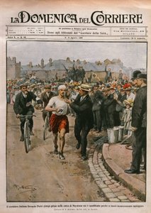 Llegada de Dorando Pietri en maratón, Juegos Olímpicos de Londres, ilustración de Achille Beltrame de La Domenica del Corriere, 2-9 de agosto