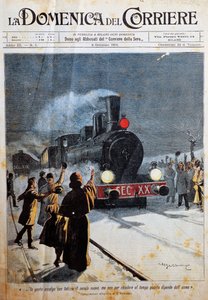 Llegada del nuevo siglo, gente dando la bienvenida al nuevo siglo con alegría, ilustración de Achille Beltrame (1871-1945), de La Domenica del Corriere, 6 de enero