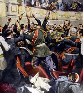 Atentado contra el ministro ruso Stolypin en el teatro municipal de Kiev (Ilustración de Beltrame) de Achille Beltrame