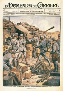 Bárbaros austriacos preparándose para la ofensiva en el Bajo Isonzo, ilustración de La Domenica del Corriere, 23 de julio de Achille Beltrame