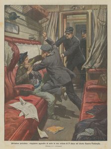 Aventuras peligrosas, viajero agredido de noche en un vagón de primera clase en el tren directo Génova-Ventimiglia de Achille Beltrame