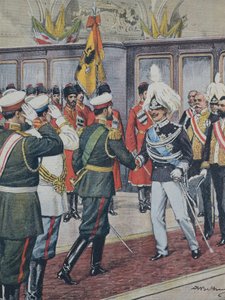 Víctor Manuel III. Rey de Italia (1900-1946); Nicolás II. Zar de Rusia (1894-1917). Rusia. El Zar recibe al Rey Víctor Manuel III de Italia en Peterhof. Ilustración de A. Beltrame. La Domenica del Corriere de Achille Beltrame
