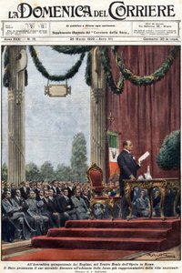 Benito Mussolini dando su discurso en el Teatro Reale de la ópera en Roma ante los líderes del régimen. Ilustración de Achille Beltrame. 