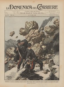 Carabineros en servicio en Castelmagno (Cuneo) sorprendidos por el derrumbe de la cima de una montaña