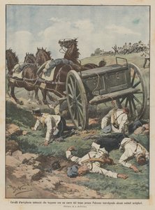 Caballos de artillería desbocados que huyen con un carro del tren cerca de Palermo arrollando